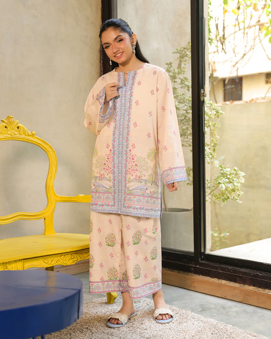 “Side/back view of blush floral printed kurta and pants – women’s co-ord set”
