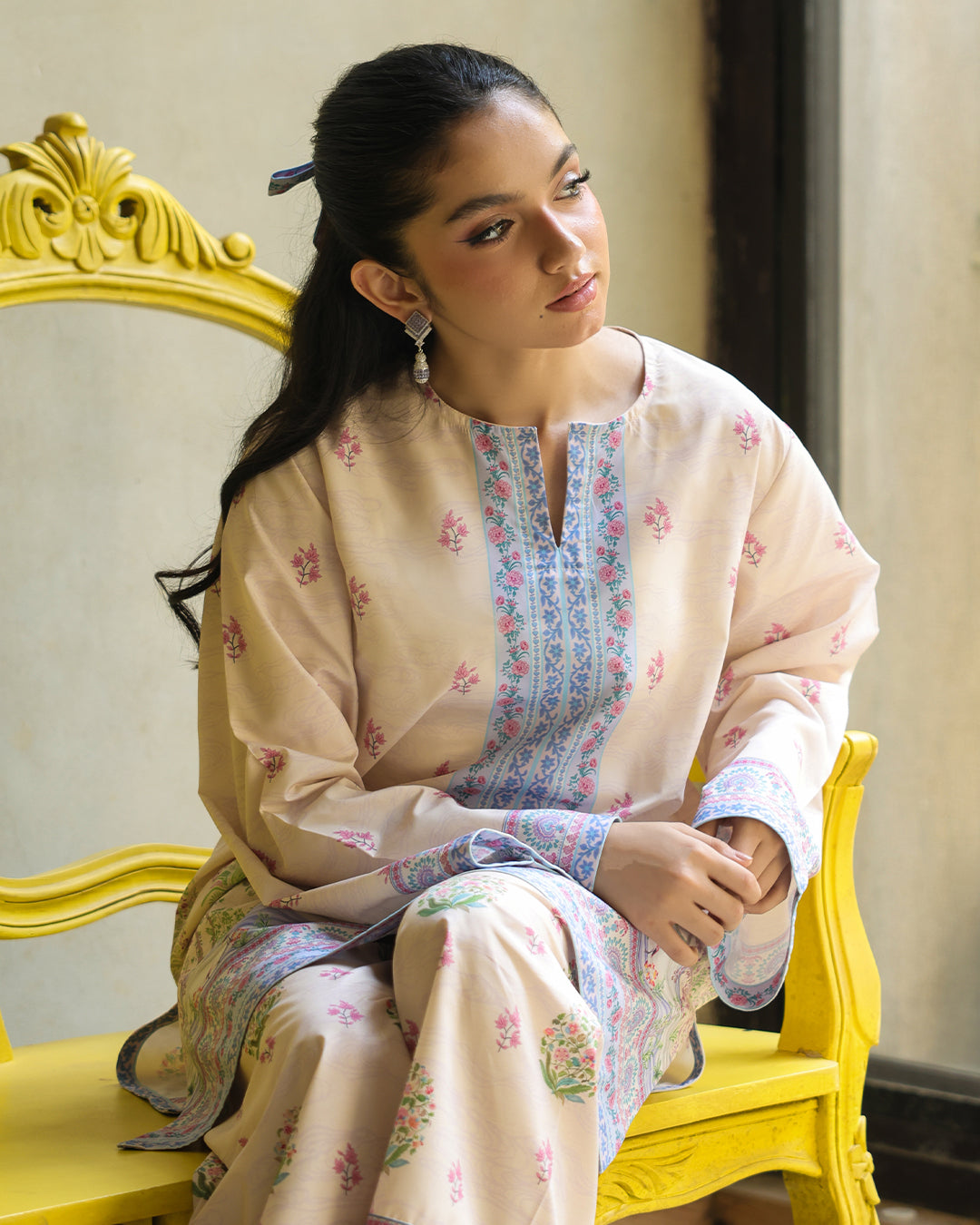 “Blush pastel floral printed co-ord set for women – front view indoors”