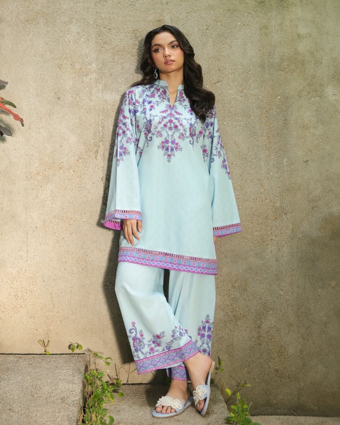 “Full front view of ice blue printed co-ord set with detailed borders”
