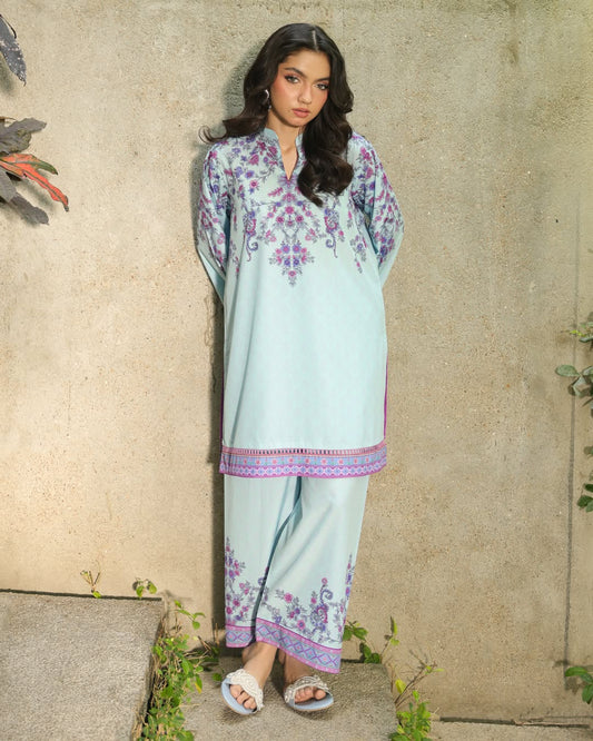 “Ice blue floral printed co-ord set for women – front view outdoors”


