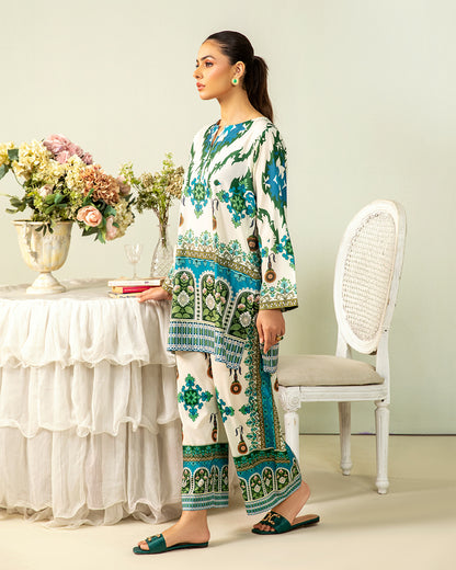 "Model wearing PoshBella Green Aesthetic Korean BSY Co-ord Set NXG04 featuring emerald and teal ethnic print, relaxed-fit top and straight pants, perfect festive and everyday wear outfit for women."