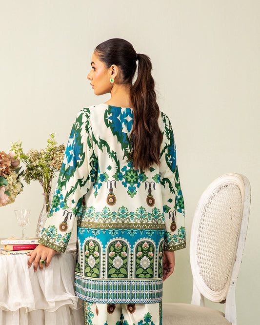 "Back view of PoshBella Green Aesthetic Co-ord Set NXG04 in premium Korean BSY fabric with intricate green and teal ethnic motifs, showcasing relaxed fit and festive elegance."