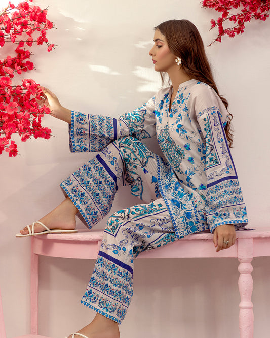 blue printed co ord set, vintage printed co ord set, festive co ord set for women, Korean BSY co ord set, floral co ord set, ethnic co ord set, office wear co ord set, brunch outfit women, party wear co ord set, luxury co ord set, designer co ord set, Indian festive wear, stylish women's co ord set