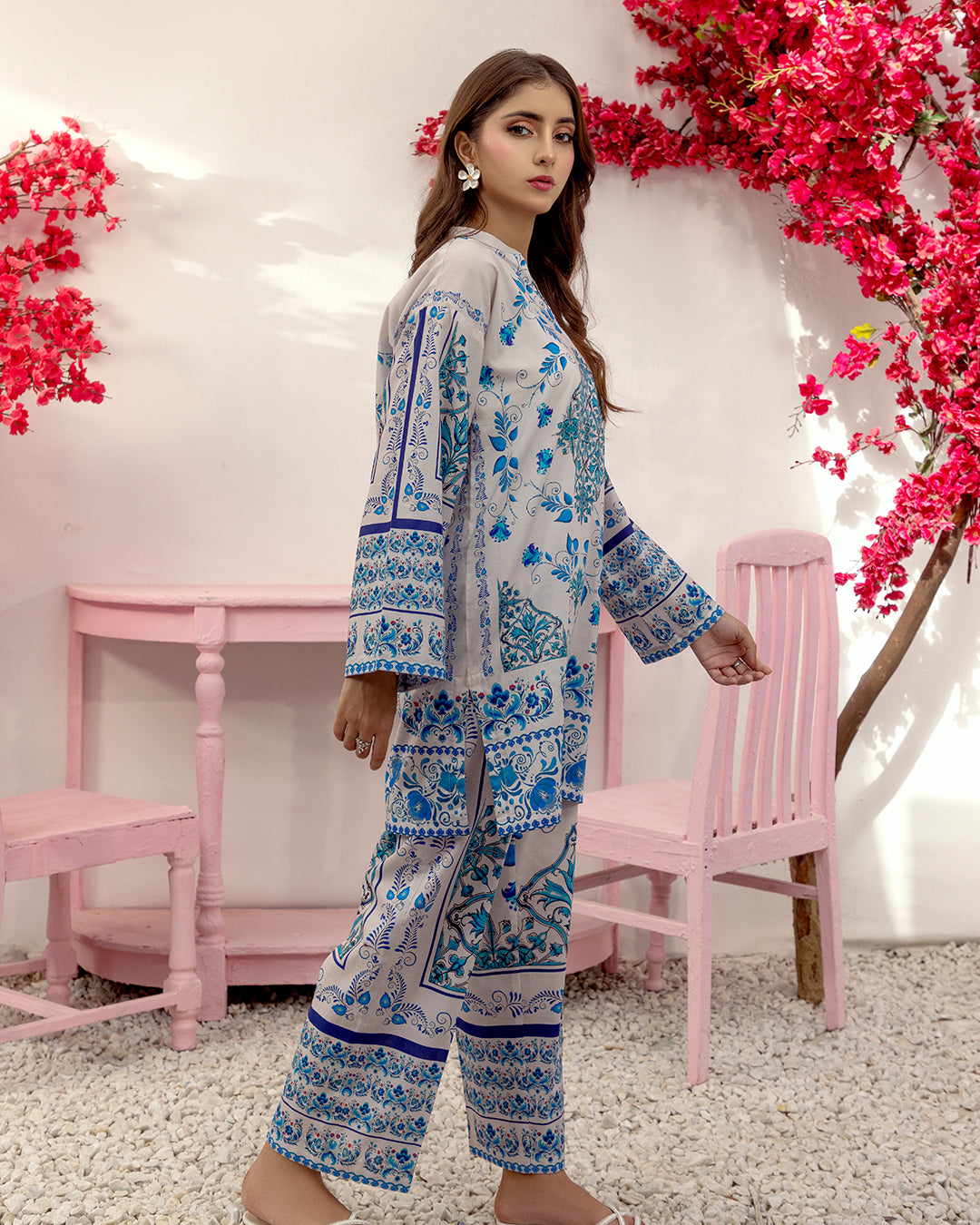 blue printed co ord set, vintage printed co ord set, festive co ord set for women, Korean BSY co ord set, floral co ord set, ethnic co ord set, office wear co ord set, brunch outfit women, party wear co ord set, luxury co ord set, designer co ord set, Indian festive wear, stylish women's co ord set