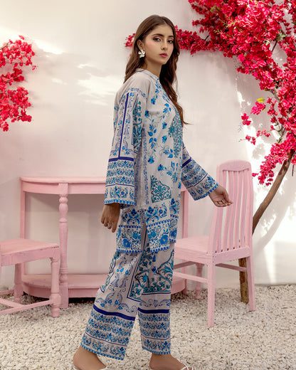 blue printed co ord set, vintage printed co ord set, festive co ord set for women, Korean BSY co ord set, floral co ord set, ethnic co ord set, office wear co ord set, brunch outfit women, party wear co ord set, luxury co ord set, designer co ord set, Indian festive wear, stylish women's co ord set
