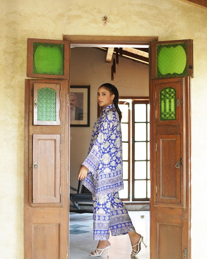 "Model wearing PoshBella Calm Chaos Printed Co-ord Set NXG06 in premium Korean BSY fabric with blue floral print, stylish relaxed-fit silhouette, perfect for travel and festive wear."