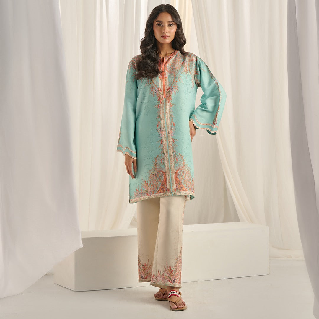 "Side view of PoshBella NXG07 Minimal Printed Elegant Co-ord Set showing intricate sleeve print, pastel aqua palette and lightweight linan ideal for wedding festivities and daytime events."