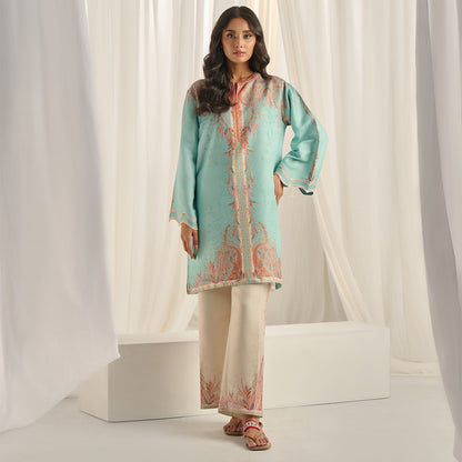 "Side view of PoshBella NXG07 Minimal Printed Elegant Co-ord Set showing intricate sleeve print, pastel aqua palette and lightweight linan ideal for wedding festivities and daytime events."