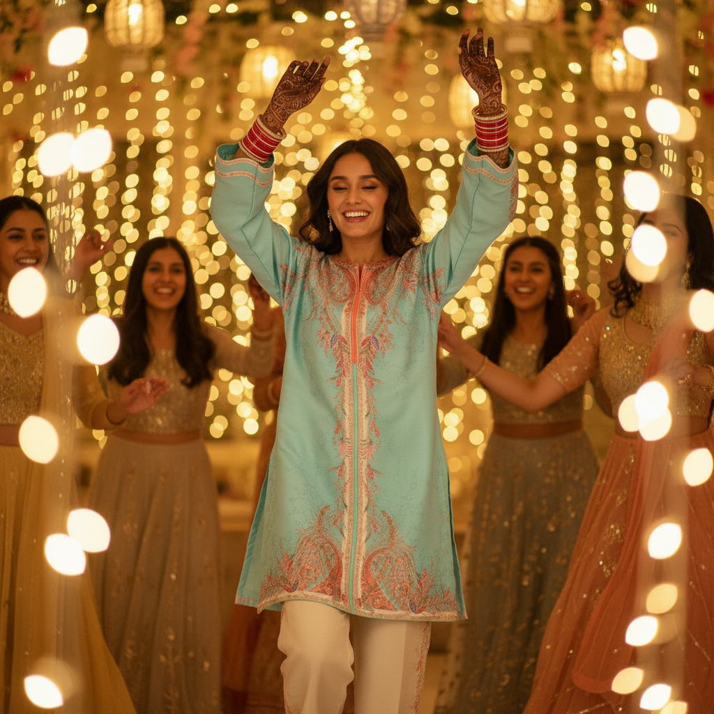 "Model wearing PoshBella Minimal Printed Elegant Co-ord Set in pastel aqua linan fabric with intricate paisley print, showcasing neckline details and soft glam festive look."