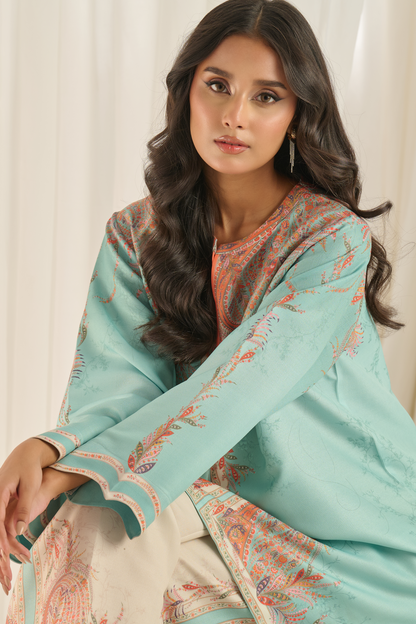 "PoshBella Minimal Printed Elegant Co-ord Set close-up highlighting detailed paisley prints, scalloped sleeves and soft pastel linan fabric perfect for mehendi, sangeet and festive occasions."