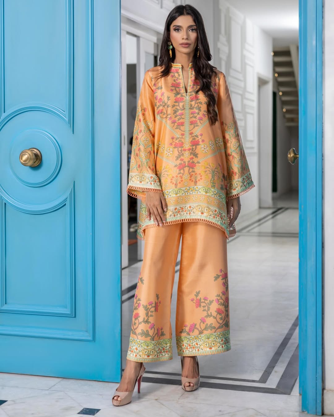 vintage printed co ord set, festive co ord set for women, Korean BSY co ord set, peach co ord set, floral printed co ord set, ethnic co ord set, Rakhi outfit for women, party wear co ord set, premium women's co ord, designer festive outfit, luxury co ord set, Indian festive wear, stylish co ord set