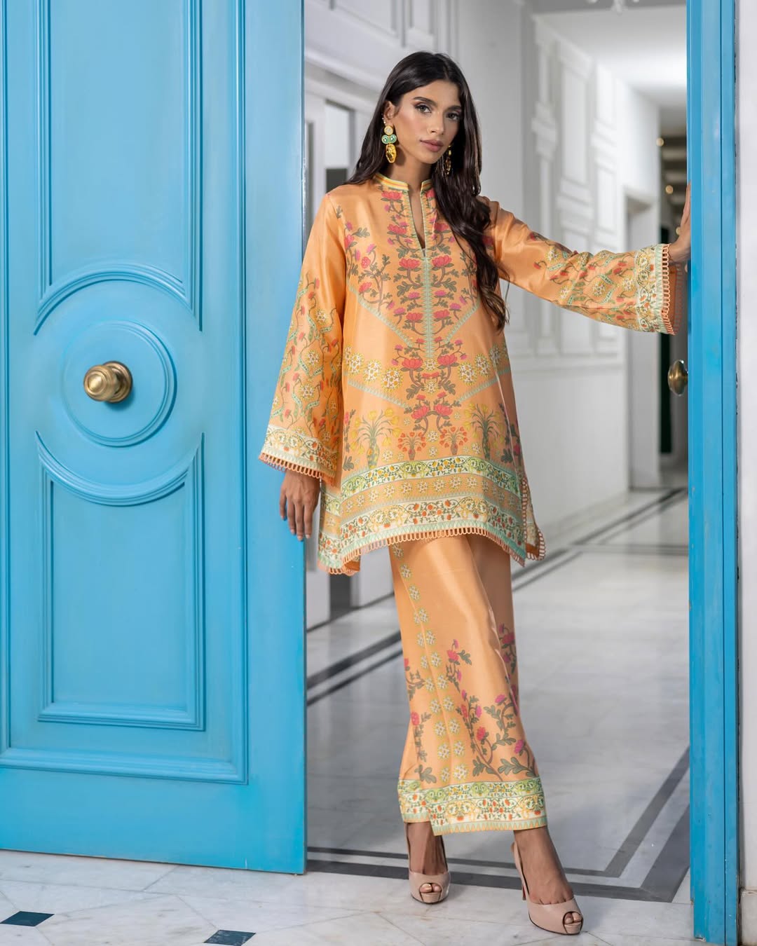 vintage printed co ord set, festive co ord set for women, Korean BSY co ord set, peach co ord set, floral printed co ord set, ethnic co ord set, Rakhi outfit for women, party wear co ord set, premium women's co ord, designer festive outfit, luxury co ord set, Indian festive wear, stylish co ord set