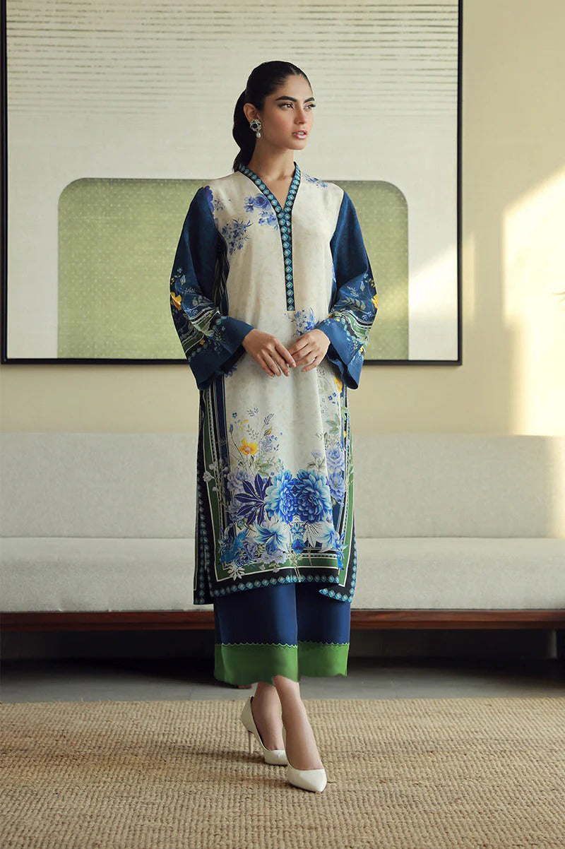 Aqua printed co-ord set for women – front view with paisley detail
