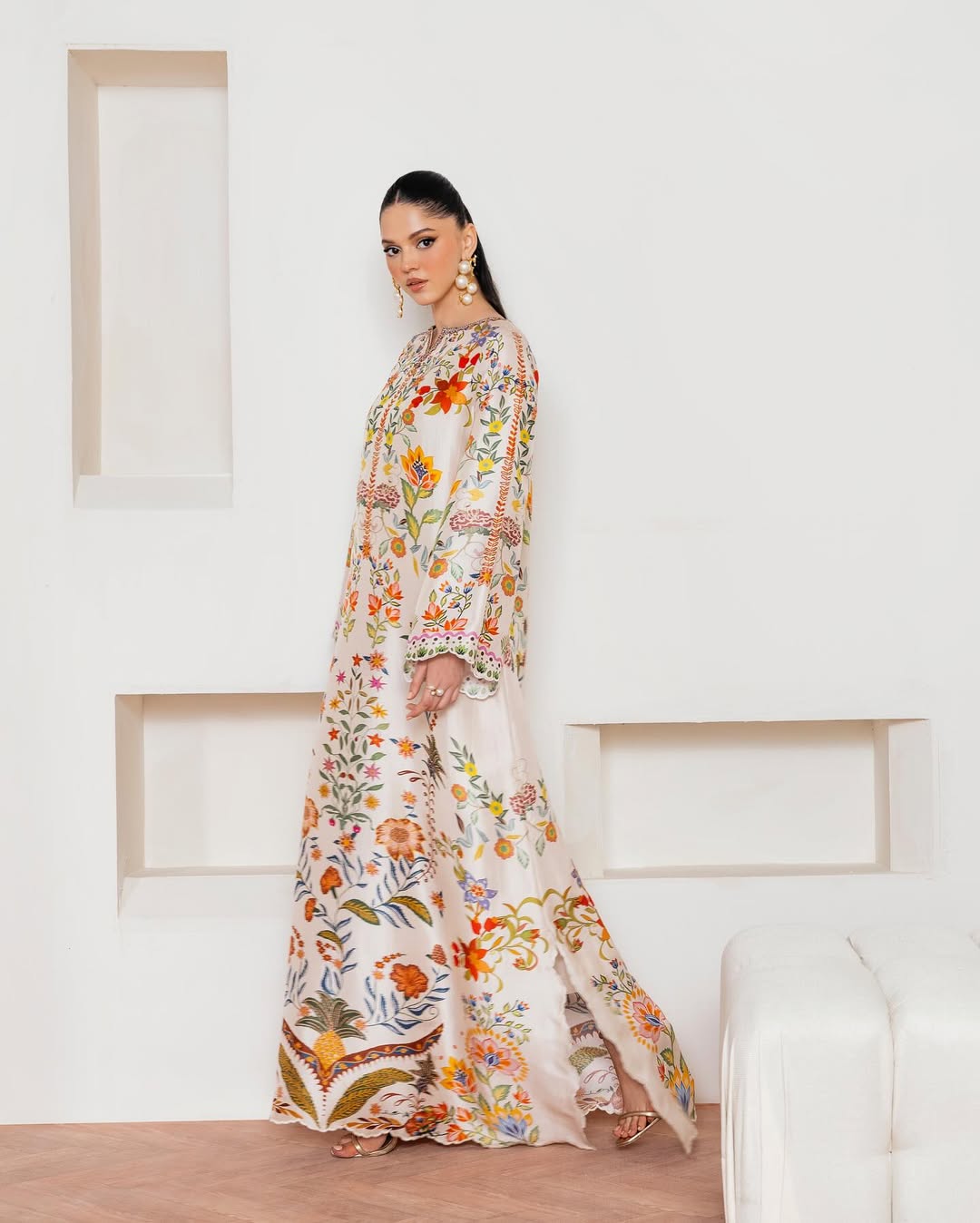 floral printed maxi dress, Korean BSY dress for women, floral festive dress, premium printed dress, modern Indian dress, Rakhi outfit for women, vacation maxi dress, elegant floral dress, luxury western dress for women, botanical print maxi dress