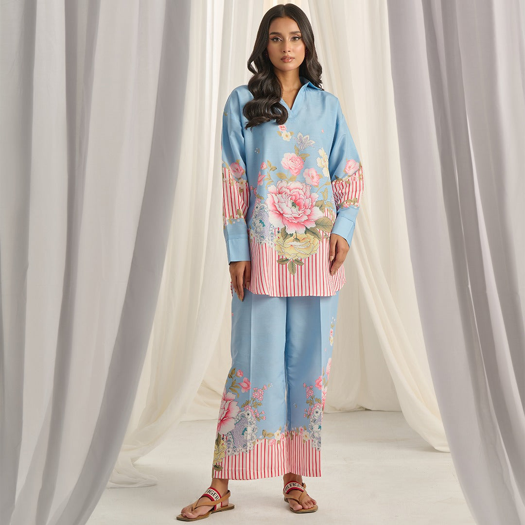 pastel floral co ord set, floral co ord set for women, linen co ord set for women, pastel blue co ord set, floral two piece set, women linen co ord set, printed co ord set, floral workwear outfit, smart casual co ord set, brunch outfit for women, vacation outfit for women, relaxed fit co ord set, elegant women co ord set, trendy co ord set for women, summer co ord set