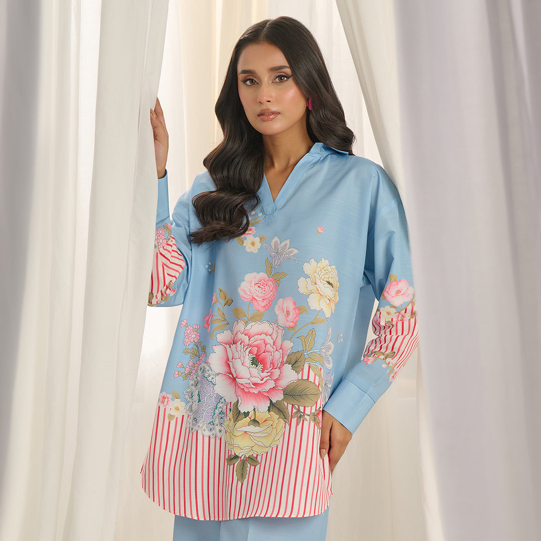 pastel floral co ord set, floral co ord set for women, linen co ord set for women, pastel blue co ord set, floral two piece set, women linen co ord set, printed co ord set, floral workwear outfit, smart casual co ord set, brunch outfit for women, vacation outfit for women, relaxed fit co ord set, elegant women co ord set, trendy co ord set for women, summer co ord set