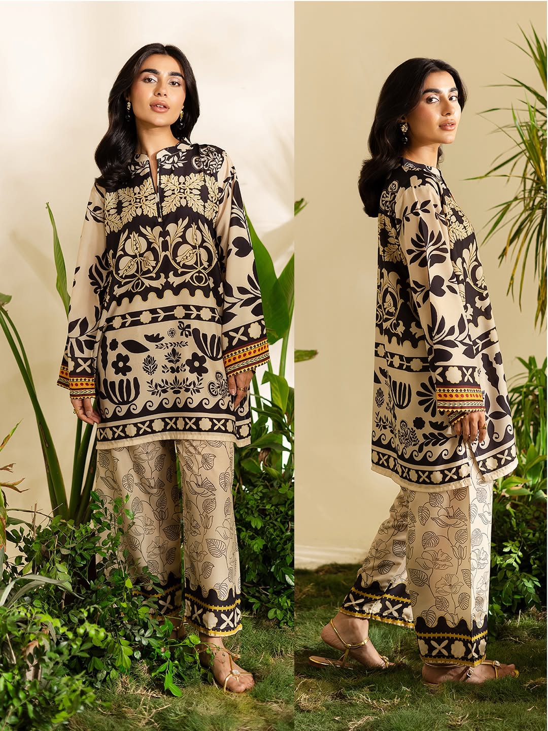 black co ord set for women, beige black co ord set, black beige co ord set, printed co ord set for women, black printed co ord set, floral co ord set for women, botanical print co ord set, Korean BSY co ord set, Korean fabric co ord set, premium co ord set for women, women two piece set, printed two piece outfit, black floral outfit for women, beige printed outfit, black and beige outfit for women, wide leg co ord set, wide leg pants set, relaxed fit co ord set, comfortable co ord set for women, elegant co 