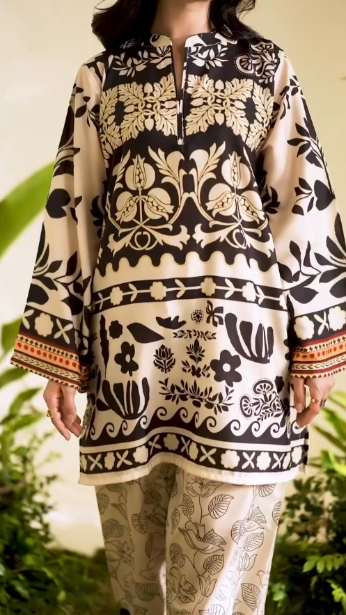 black co ord set for women, beige black co ord set, black beige co ord set, printed co ord set for women, black printed co ord set, floral co ord set for women, botanical print co ord set, Korean BSY co ord set, Korean fabric co ord set, premium co ord set for women, women two piece set, printed two piece outfit, black floral outfit for women, beige printed outfit, black and beige outfit for women, wide leg co ord set, wide leg pants set, relaxed fit co ord set, comfortable co ord set for women, elegant co 