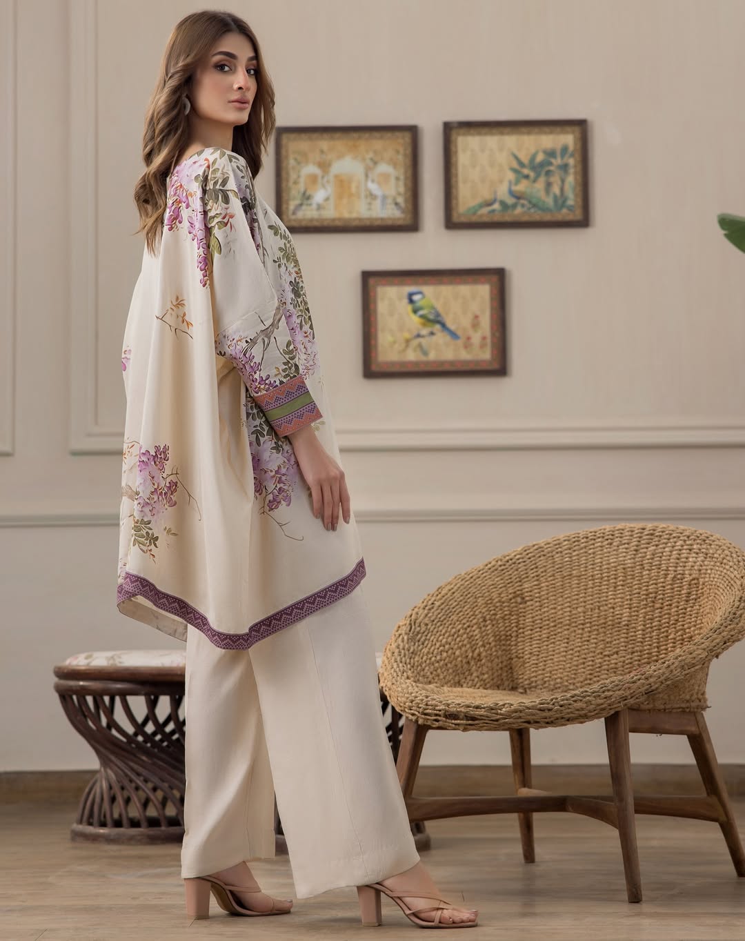 "Back view of PoshBella Calm Vibes Printed Co-ord Set NXG15 showcasing floral pastel prints, a graceful festive outfit for bridesmaids and wedding season celebrations."