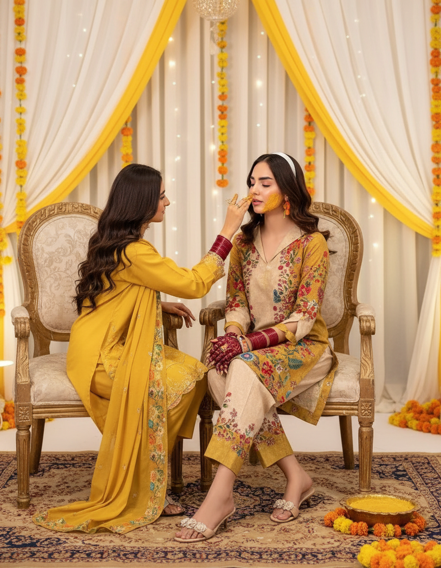 “Bridesmaid wearing PoshBella mustard floral printed co-ord set during a haldi ceremony, seated on a traditional setup while another woman applies turmeric — perfect festive wedding outfit for brides-to-be, mehendi celebrations and Indian wedding season vibes.”