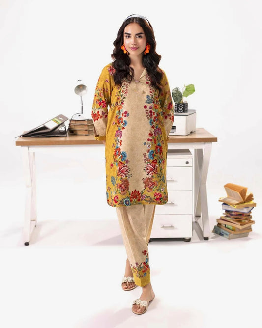“Front pose of NXG16 mustard floral printed co-ord set, stylish festive outfit for bridesmaids, mehendi functions and elegant office-to-festive looks.”