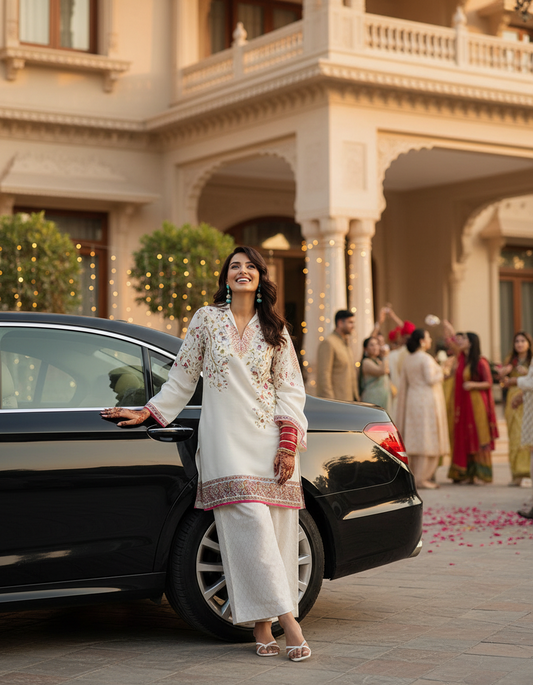 “Bridesmaid wearing PoshBella minimal printed elegant co-ord set at a royal wedding venue, posing by a luxury car during pre-wedding festivities with mehendi, sangeet and family celebrations in the background — perfect festive outfit for brides-to-be and wedding season style.”
