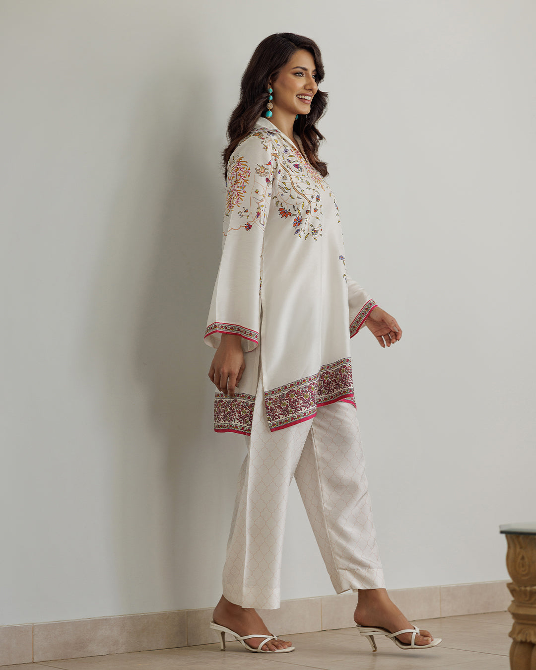 “Side view of minimal floral co-ord set by PoshBella, a chic bridesmaid outfit for haldi, mehendi and intimate pre-wedding ceremonies.”