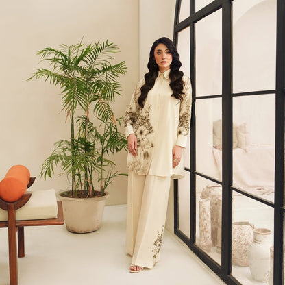 “Women’s cozy floral Korean BSY co-ord set in soft cream shade, perfect for wedding functions, bridal events, bridesmaids, and formal wear styling.”
