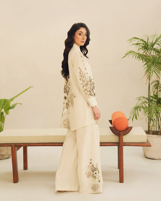 “Elegant floral printed Korean fabric co-ord set for women, ideal for wedding celebrations, bridal pre-functions, bridesmaids, and premium soft formal wear.”