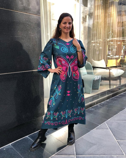 Vintage printed long dress, printed maxi dress for women, Korean BSY dress, long dress for women, flared sleeve maxi dress, stylish casual dress for women, printed dress for brunch, women’s vacation dress, women’s evening dress, trendy printed dress, statement dress for women, elegant long dress, contemporary ethnic dress, women’s fashion dress