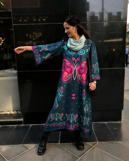 Vintage printed long dress, printed maxi dress for women, Korean BSY dress, long dress for women, flared sleeve maxi dress, stylish casual dress for women, printed dress for brunch, women’s vacation dress, women’s evening dress, trendy printed dress, statement dress for women, elegant long dress, contemporary ethnic dress, women’s fashion dress
