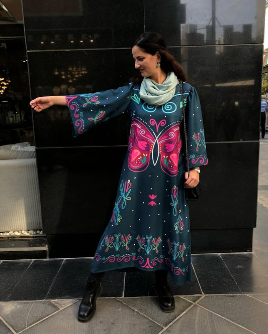 Vintage printed long dress, printed maxi dress for women, Korean BSY dress, long dress for women, flared sleeve maxi dress, stylish casual dress for women, printed dress for brunch, women’s vacation dress, women’s evening dress, trendy printed dress, statement dress for women, elegant long dress, contemporary ethnic dress, women’s fashion dress