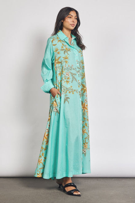 Modern botanical dress, linen shirt dress for women, long shirt dress, botanical print dress, linen dress for women, aqua blue dress, floral shirt dress, long casual dress for women, workwear dress for women, smart casual dress, vacation dress for women, summer linen dress, printed long dress, women’s everyday dress, stylish shirt dress