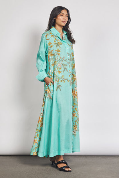 Modern botanical dress, linen shirt dress for women, long shirt dress, botanical print dress, linen dress for women, aqua blue dress, floral shirt dress, long casual dress for women, workwear dress for women, smart casual dress, vacation dress for women, summer linen dress, printed long dress, women’s everyday dress, stylish shirt dress