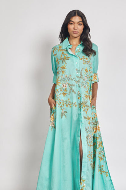 Modern botanical dress, linen shirt dress for women, long shirt dress, botanical print dress, linen dress for women, aqua blue dress, floral shirt dress, long casual dress for women, workwear dress for women, smart casual dress, vacation dress for women, summer linen dress, printed long dress, women’s everyday dress, stylish shirt dress