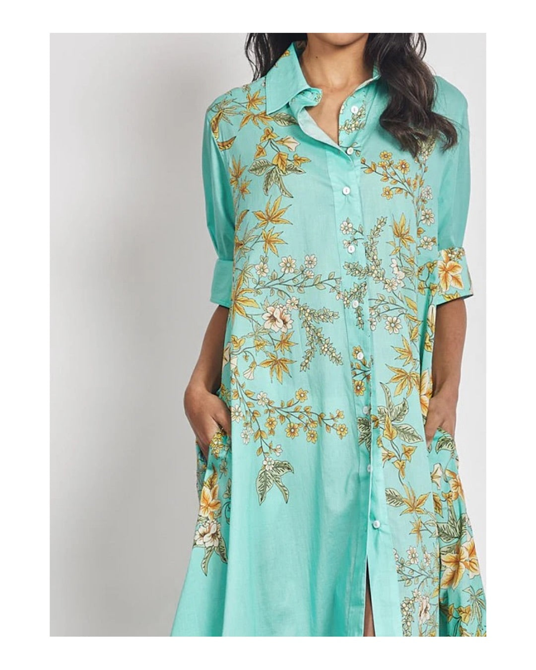 Modern botanical dress, linen shirt dress for women, long shirt dress, botanical print dress, linen dress for women, aqua blue dress, floral shirt dress, long casual dress for women, workwear dress for women, smart casual dress, vacation dress for women, summer linen dress, printed long dress, women’s everyday dress, stylish shirt dress