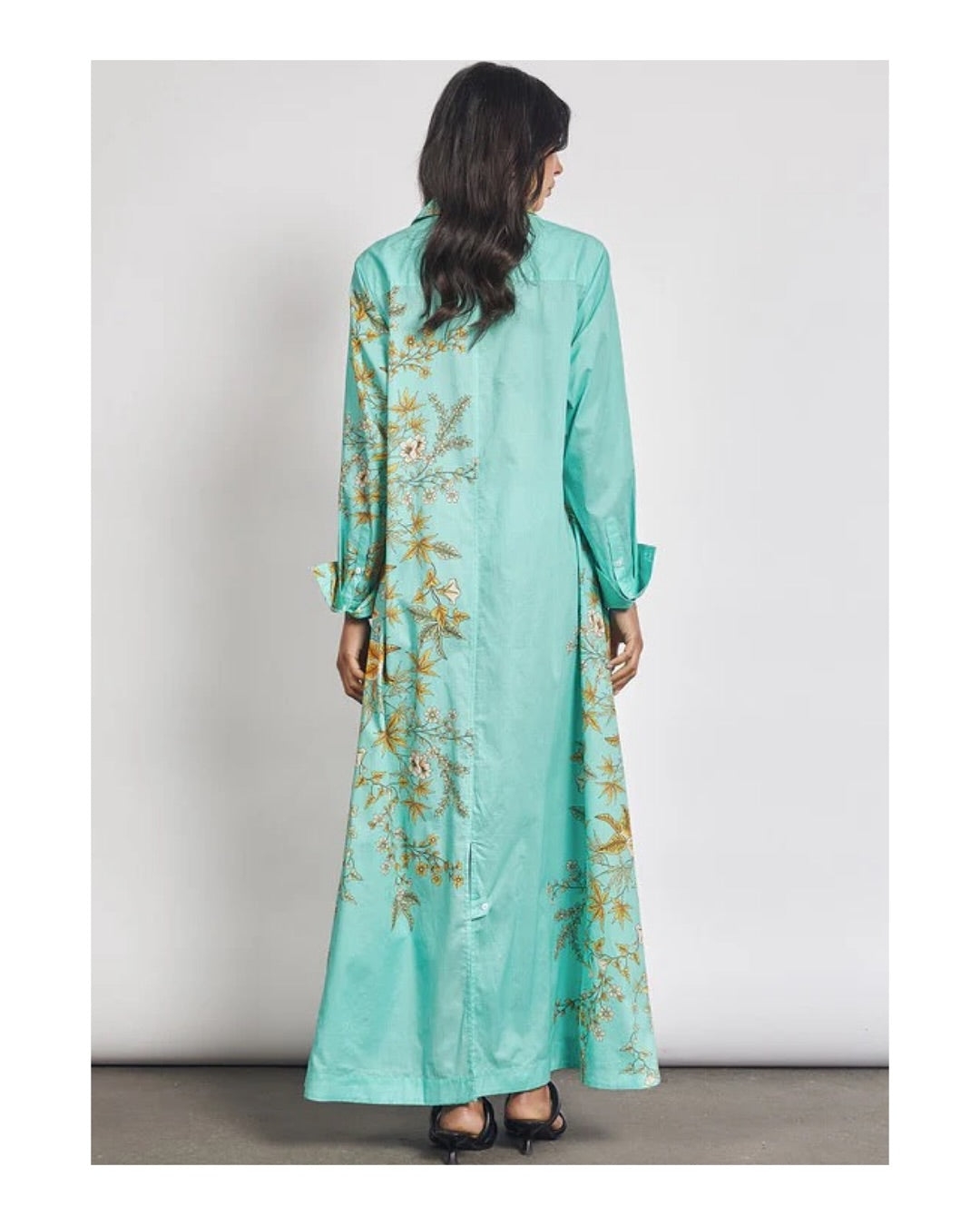 Modern botanical dress, linen shirt dress for women, long shirt dress, botanical print dress, linen dress for women, aqua blue dress, floral shirt dress, long casual dress for women, workwear dress for women, smart casual dress, vacation dress for women, summer linen dress, printed long dress, women’s everyday dress, stylish shirt dress