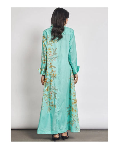 Modern botanical dress, linen shirt dress for women, long shirt dress, botanical print dress, linen dress for women, aqua blue dress, floral shirt dress, long casual dress for women, workwear dress for women, smart casual dress, vacation dress for women, summer linen dress, printed long dress, women’s everyday dress, stylish shirt dress