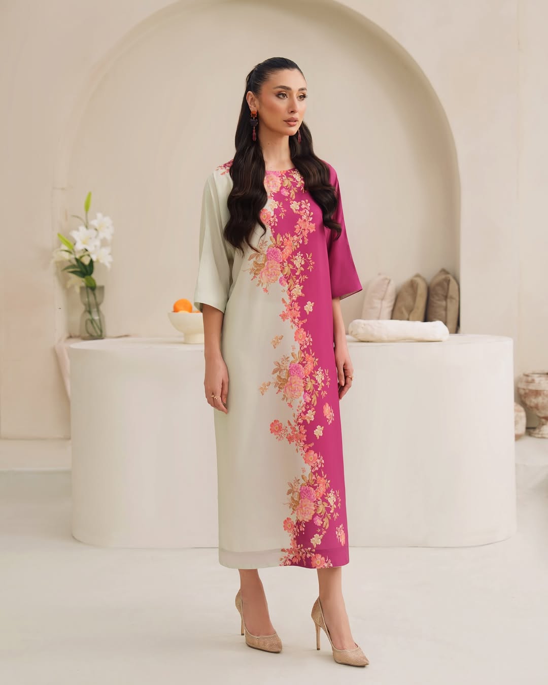 two tone dress for women, floral midi dress, floral dress for women, Korean BSY dress, statement midi dress, pink floral dress, magenta pink dress, mint green dress, printed midi dress, elegant western dress for women, party wear dress for women, brunch dress for women, office wear dress for women, festive dress for women, stylish midi dress online India, women’s western wear, PoshBella dresses
