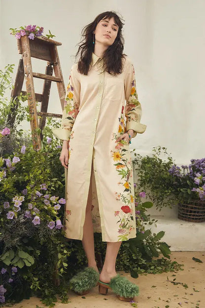 cream linen midi dress for women, floral printed linen dress, floral button down midi dress, linen shirt dress for women, casual floral midi dress, cream floral dress for women, printed linen dress, women linen dress, floral shirt dress, button down dress for women, collared midi dress, relaxed fit midi dress, summer linen dress for women, vacation dress for women, brunch dress for women, garden party dress, resort wear dress, casual daytime dress, elegant floral dress, PoshBella linen dress