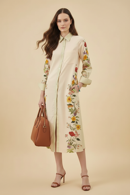 cream linen midi dress for women, floral printed linen dress, floral button down midi dress, linen shirt dress for women, casual floral midi dress, cream floral dress for women, printed linen dress, women linen dress, floral shirt dress, button down dress for women, collared midi dress, relaxed fit midi dress, summer linen dress for women, vacation dress for women, brunch dress for women, garden party dress, resort wear dress, casual daytime dress, elegant floral dress, PoshBella linen dress