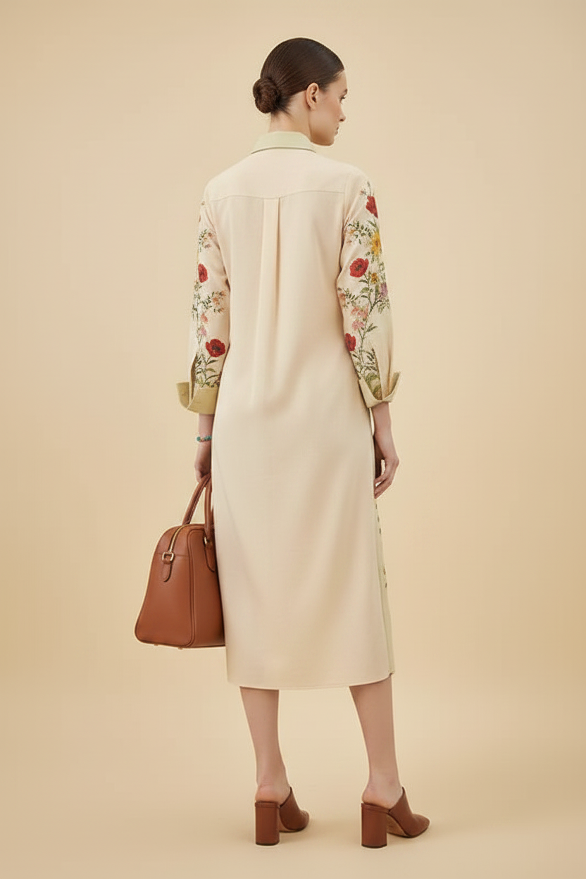 cream linen midi dress for women, floral printed linen dress, floral button down midi dress, linen shirt dress for women, casual floral midi dress, cream floral dress for women, printed linen dress, women linen dress, floral shirt dress, button down dress for women, collared midi dress, relaxed fit midi dress, summer linen dress for women, vacation dress for women, brunch dress for women, garden party dress, resort wear dress, casual daytime dress, elegant floral dress, PoshBella linen dress