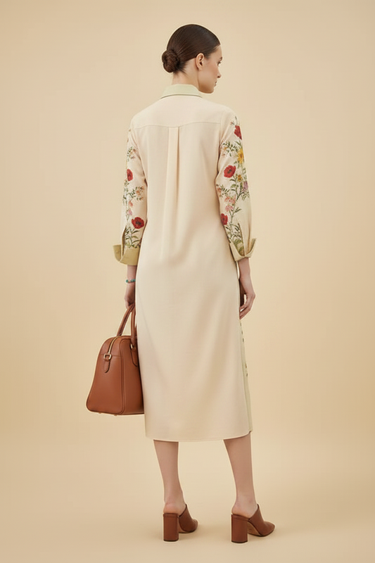 cream linen midi dress for women, floral printed linen dress, floral button down midi dress, linen shirt dress for women, casual floral midi dress, cream floral dress for women, printed linen dress, women linen dress, floral shirt dress, button down dress for women, collared midi dress, relaxed fit midi dress, summer linen dress for women, vacation dress for women, brunch dress for women, garden party dress, resort wear dress, casual daytime dress, elegant floral dress, PoshBella linen dress