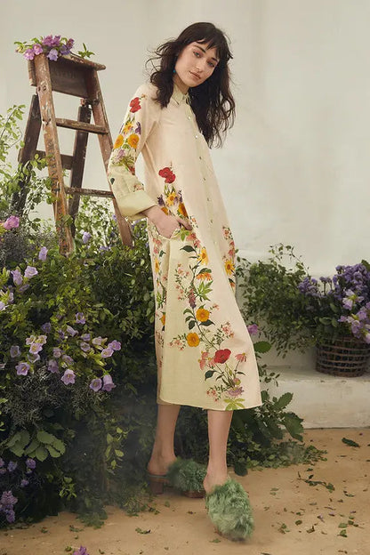 cream linen midi dress for women, floral printed linen dress, floral button down midi dress, linen shirt dress for women, casual floral midi dress, cream floral dress for women, printed linen dress, women linen dress, floral shirt dress, button down dress for women, collared midi dress, relaxed fit midi dress, summer linen dress for women, vacation dress for women, brunch dress for women, garden party dress, resort wear dress, casual daytime dress, elegant floral dress, PoshBella linen dress