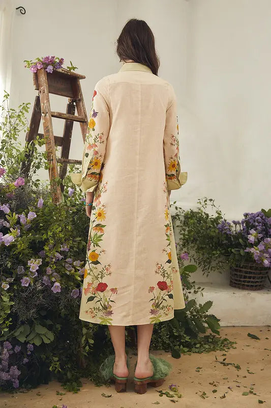 cream linen midi dress for women, floral printed linen dress, floral button down midi dress, linen shirt dress for women, casual floral midi dress, cream floral dress for women, printed linen dress, women linen dress, floral shirt dress, button down dress for women, collared midi dress, relaxed fit midi dress, summer linen dress for women, vacation dress for women, brunch dress for women, garden party dress, resort wear dress, casual daytime dress, elegant floral dress, PoshBella linen dress