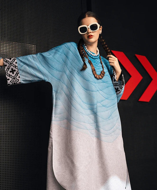 blue printed linen kurta set for women, designer festive kurta set with statement sleeves, blue and lavender printed kurta with floral wide leg pants, premium linen kurta set for festive wear, modern ethnic kurta set for women, stylish Rakhi and Diwali kurta set, designer printed kurta with wide leg pants, festive ethnic outfit for women, contemporary Indian kurta set, statement sleeve festive kurta set