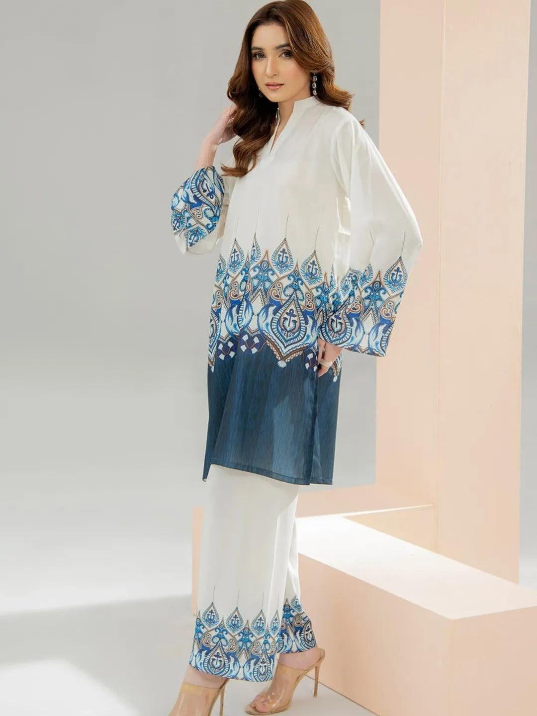 white blue co ord set for women, white printed co ord set, blue printed co ord set, linen co ord set for women, white blue printed outfit, printed tunic and pants set, comfort fit co ord set, wide leg pants co ord set, women workwear co ord set, elegant co ord set for women, casual co ord set for women, summer co ord set, brunch outfit for women, vacation co ord set, travel outfit for women, printed two piece set for women, blue and white outfit for women, premium co ord set for women, stylish workwear outf
