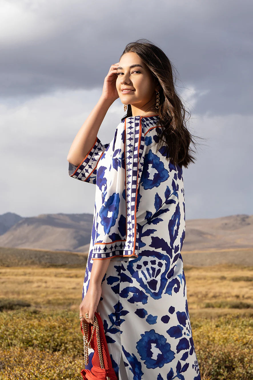 indigo blue white co ord set for women, blue white printed co ord set, Korean BSY co ord set, Korean fabric co ord set for women, blue floral printed co ord set, white blue printed outfit, indigo printed co ord set, women printed co ord set, blue printed tunic and pants set, wide leg pants co ord set, longline co ord set for women, elegant co ord set for women, premium co ord set for women, vacation outfit for women, brunch outfit for women, resort wear co ord set, stylish workwear co ord set, statement pri