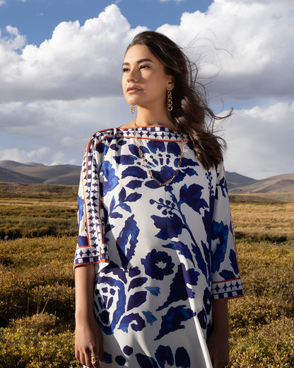 indigo blue white co ord set for women, blue white printed co ord set, Korean BSY co ord set, Korean fabric co ord set for women, blue floral printed co ord set, white blue printed outfit, indigo printed co ord set, women printed co ord set, blue printed tunic and pants set, wide leg pants co ord set, longline co ord set for women, elegant co ord set for women, premium co ord set for women, vacation outfit for women, brunch outfit for women, resort wear co ord set, stylish workwear co ord set, statement pri