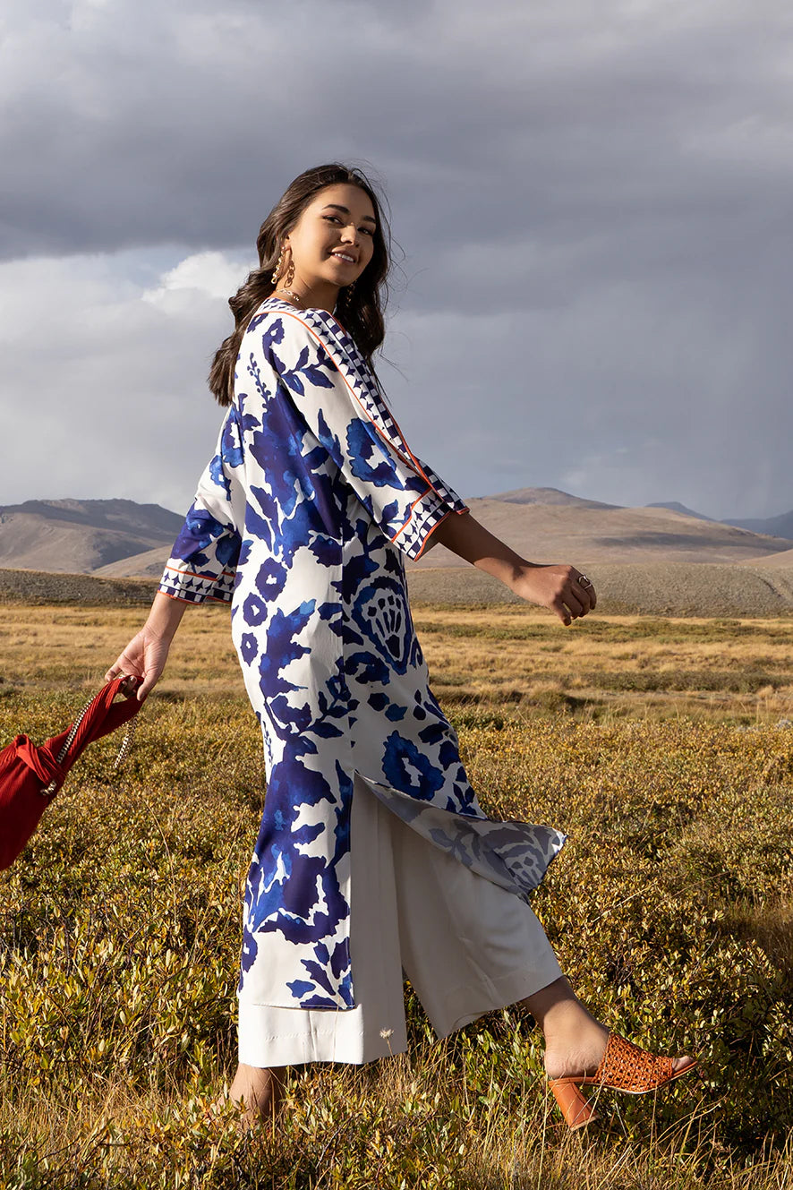 indigo blue white co ord set for women, blue white printed co ord set, Korean BSY co ord set, Korean fabric co ord set for women, blue floral printed co ord set, white blue printed outfit, indigo printed co ord set, women printed co ord set, blue printed tunic and pants set, wide leg pants co ord set, longline co ord set for women, elegant co ord set for women, premium co ord set for women, vacation outfit for women, brunch outfit for women, resort wear co ord set, stylish workwear co ord set, statement pri